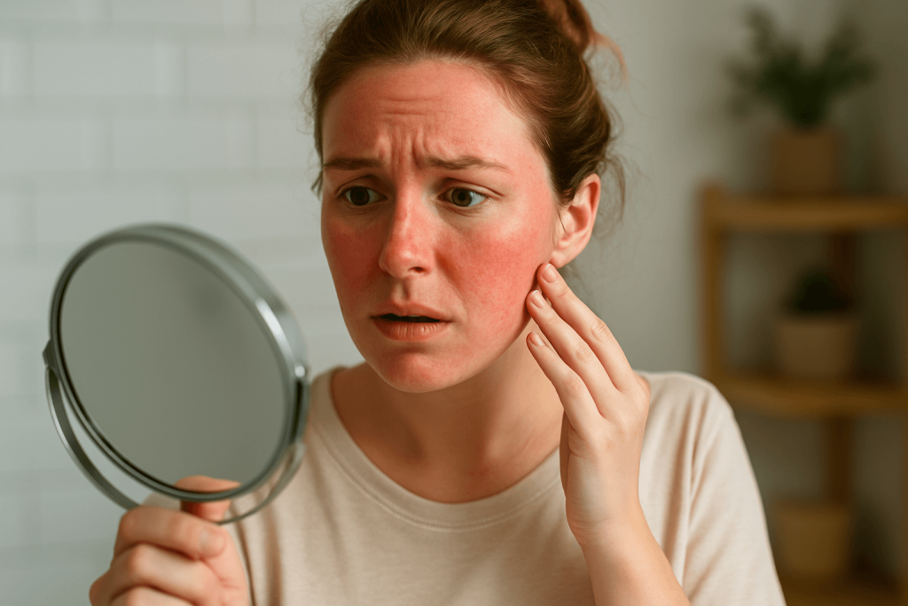 A concerned woman with red, irritated skin looks at her reflection in a handheld mirror, showing signs she may be allergic to your makeup in a calm bathroom setting.