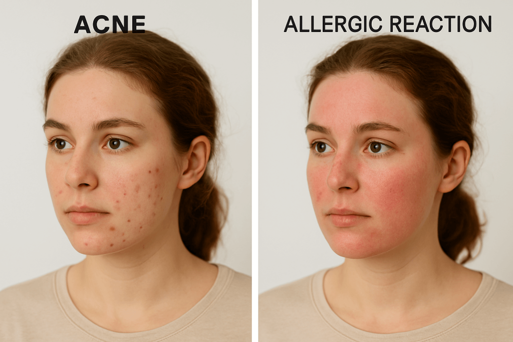 Side-by-side comparison of a woman with acne on the left and an allergic reaction on the right, showing the visual difference between breakouts and irritation caused by being allergic to your makeup.