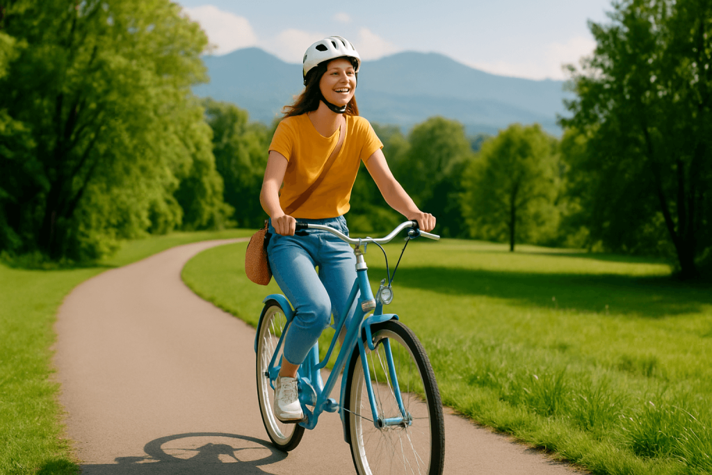 A young woman wearing a yellow shirt and helmet smiles while riding a light blue bicycle along a winding trail in a green park with distant mountains under a sunny sky, celebrating National Bike Month.