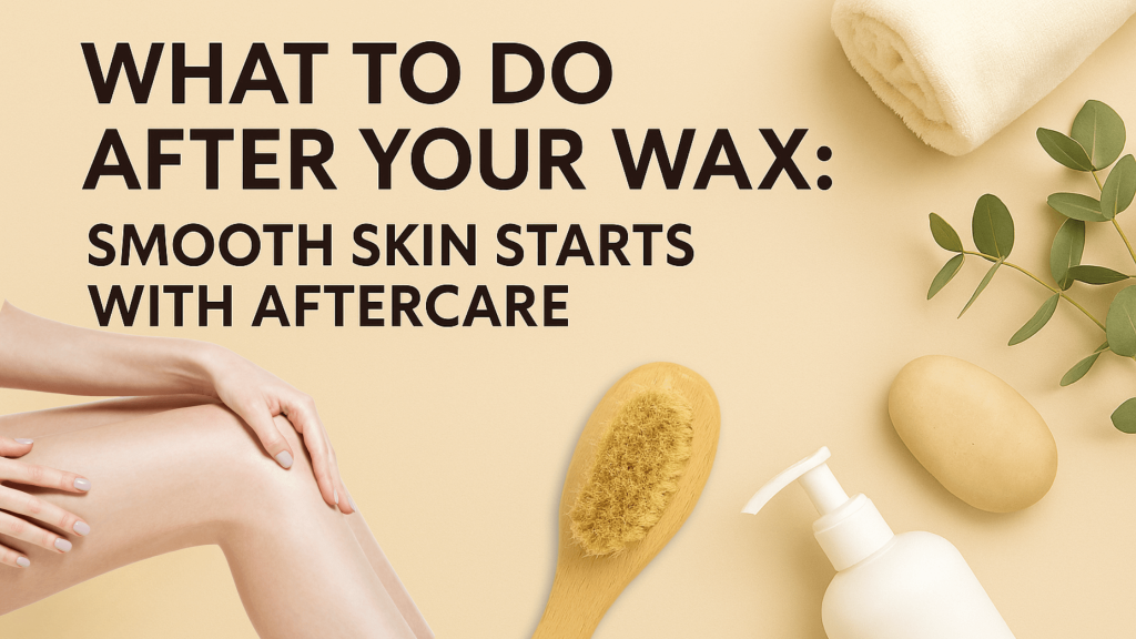 Hero image for blog post titled 'What to Do After Your Wax: Smooth Skin Starts With Aftercare,' featuring a woman’s smooth legs, a dry brush, lotion bottle, towel, eucalyptus leaves, and a spa stone on a beige background.