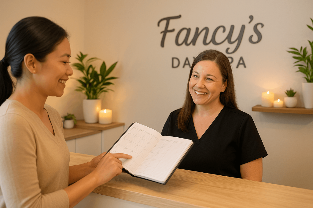 A woman booking her next appointment at fancy's day spa while looking at her planner to find the perfect day and talking with the receptionist.