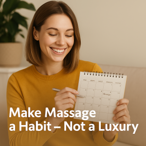 Happy woman smiling while looking at her calendar with 'Massage' written on it. Overlay text says: 'Make Massage a Habit — Not a Luxury.'