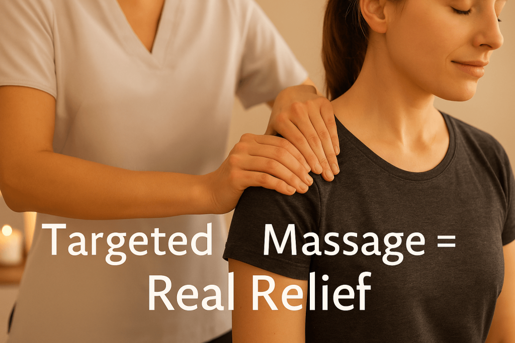 A massage therapist assessing a clients shoulder before a massage to target their pain.
With a text overlay saying targeted massage = real relief