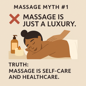 Illustration of a person enjoying a massage, with the text: 'Massage Myth #1 – Massage is just a luxury. Truth – Massage is self-care and healthcare.'