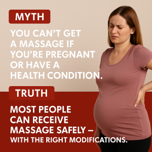 Pregnant woman holding her lower back with discomfort, next to the text: 'Myth – You can’t get a massage if you’re pregnant or have a health condition. Truth – Most people can receive massage safely with the right modifications.'
