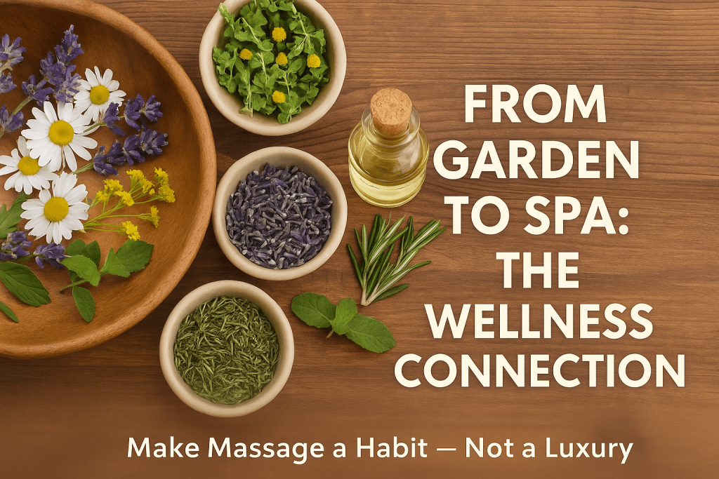 Flat lay of fresh herbs, flowers, and essential oil on a wooden table with text overlay that reads ‘From Garden to Spa: The Wellness Connection – Make Massage a Habit, Not a Luxury.