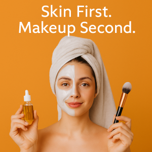 A woman with a towel wrapped around her head smiles gently. Half her face is covered with a white facial mask, the other half shows natural makeup. She holds facial oil in one hand and a makeup brush in the other. Text above reads “Skin First. Makeup Second.” on an orange background.