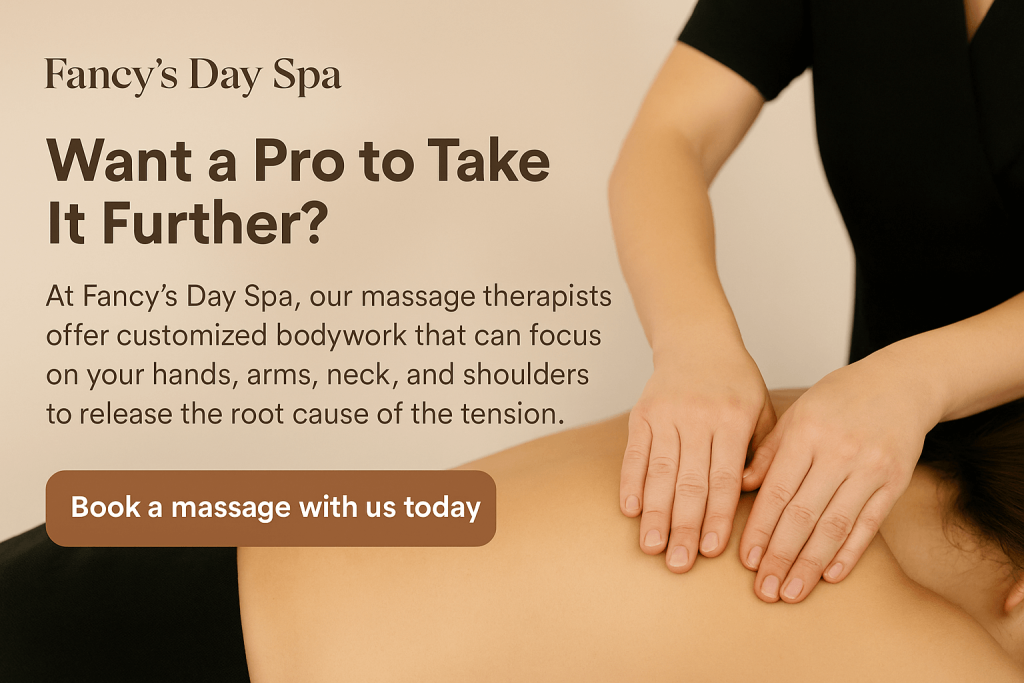 Horizontal graphic for Fancy’s Day Spa featuring a massage therapist performing a back massage on a client. The left side includes text promoting customized bodywork services and a call-to-action button that says, "Book a massage with us today."