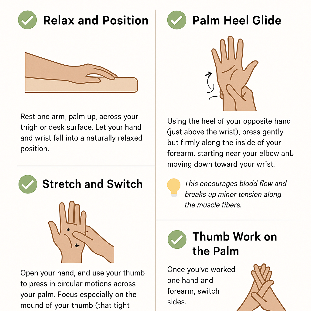 A four-step visual guide titled “Follow These Steps to Soothe Tight Hands and Forearms” showing illustrated instructions for a self-massage: Relax and Position, Palm Heel Glide, Thumb Work on the Palm, and Stretch and Switch.