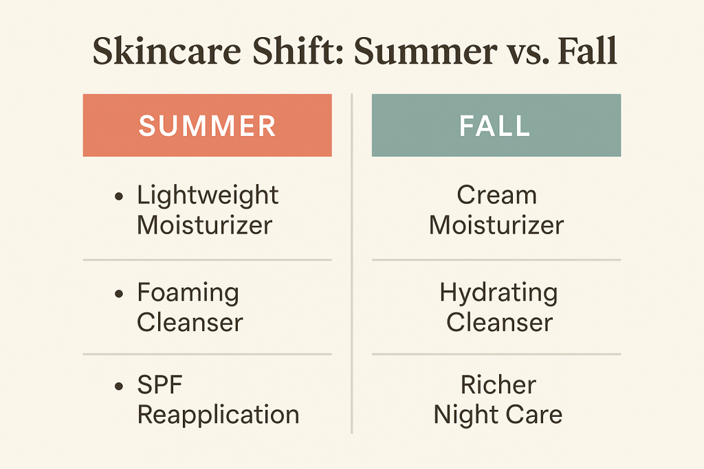 Infographic comparing summer and fall skincare routines including lightweight vs. cream moisturizers, foaming vs. hydrating cleansers, SPF tips, and richer nighttime care.