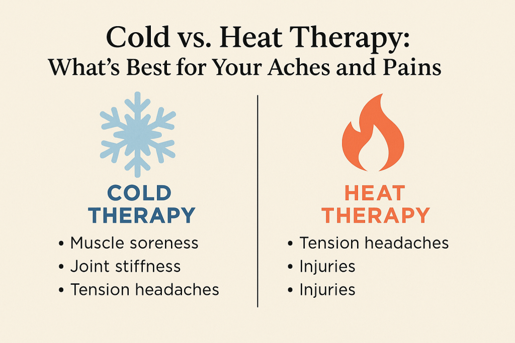Educational graphic comparing cold and heat therapy, listing benefits of each for pain relief and injury treatment with relevant icons and visuals.
