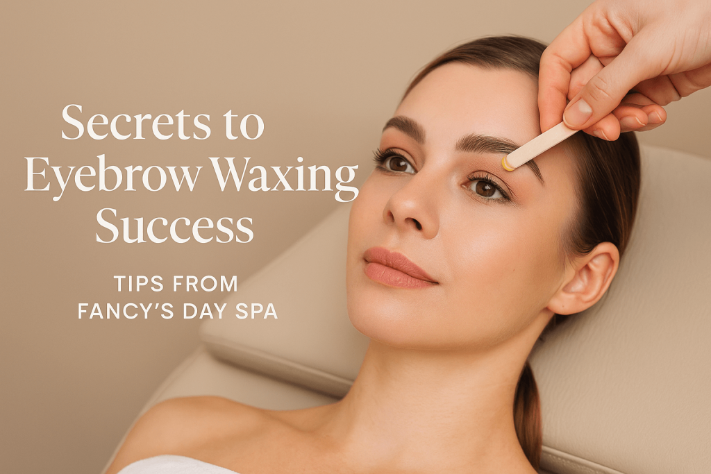 Young woman with clean, glowing skin lying on a spa bed while an esthetician applies warm wax to her eyebrow using a wooden spatula. Overlaid text reads “Secrets to Eyebrow Waxing Success – Tips from Fancy’s Day Spa.”