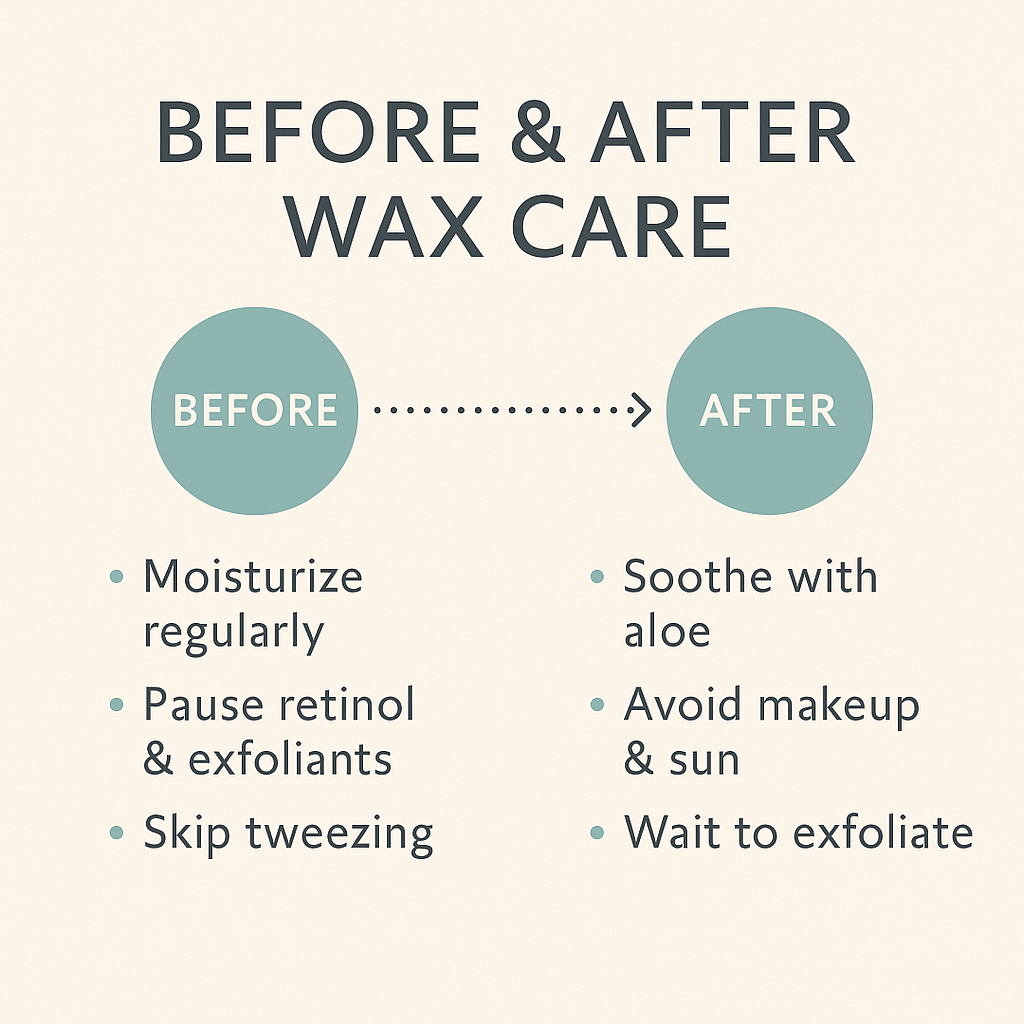 Square infographic titled “Before & After Wax Care” with two teal circles labeled "Before" and "After." Listed tips include moisturizing and avoiding retinol before waxing, and soothing with aloe and avoiding sun or makeup after waxing. Clean, minimalist design on a beige background.